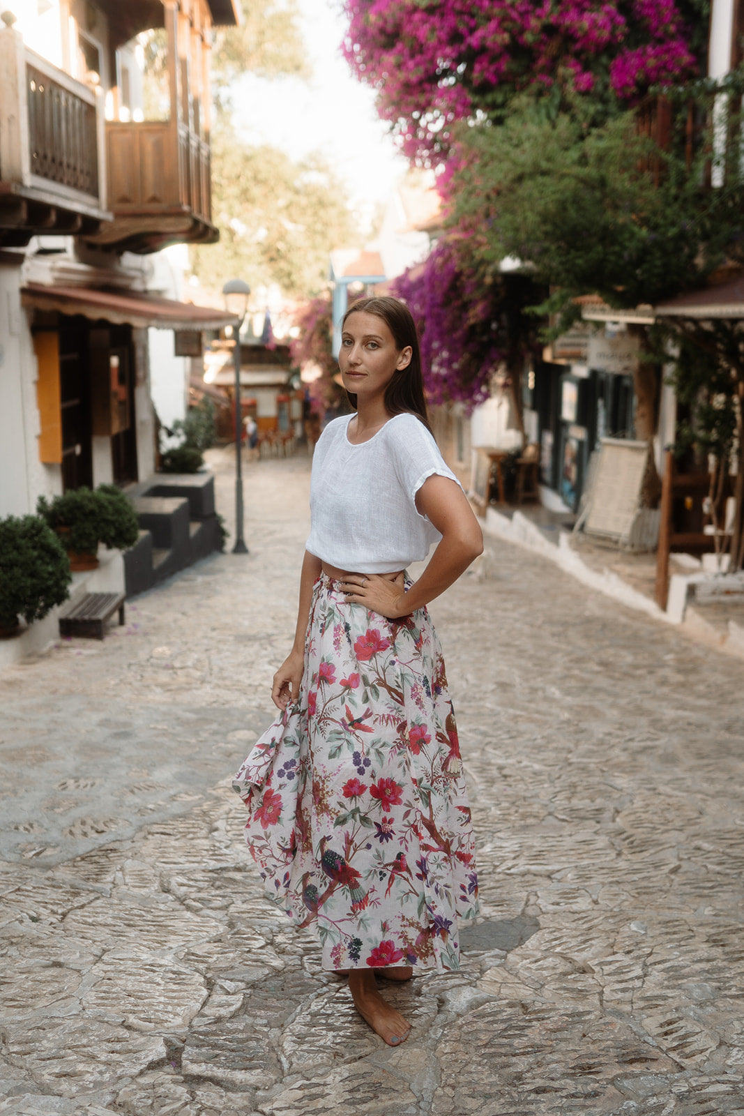 Bird Print White Skirt With Lining