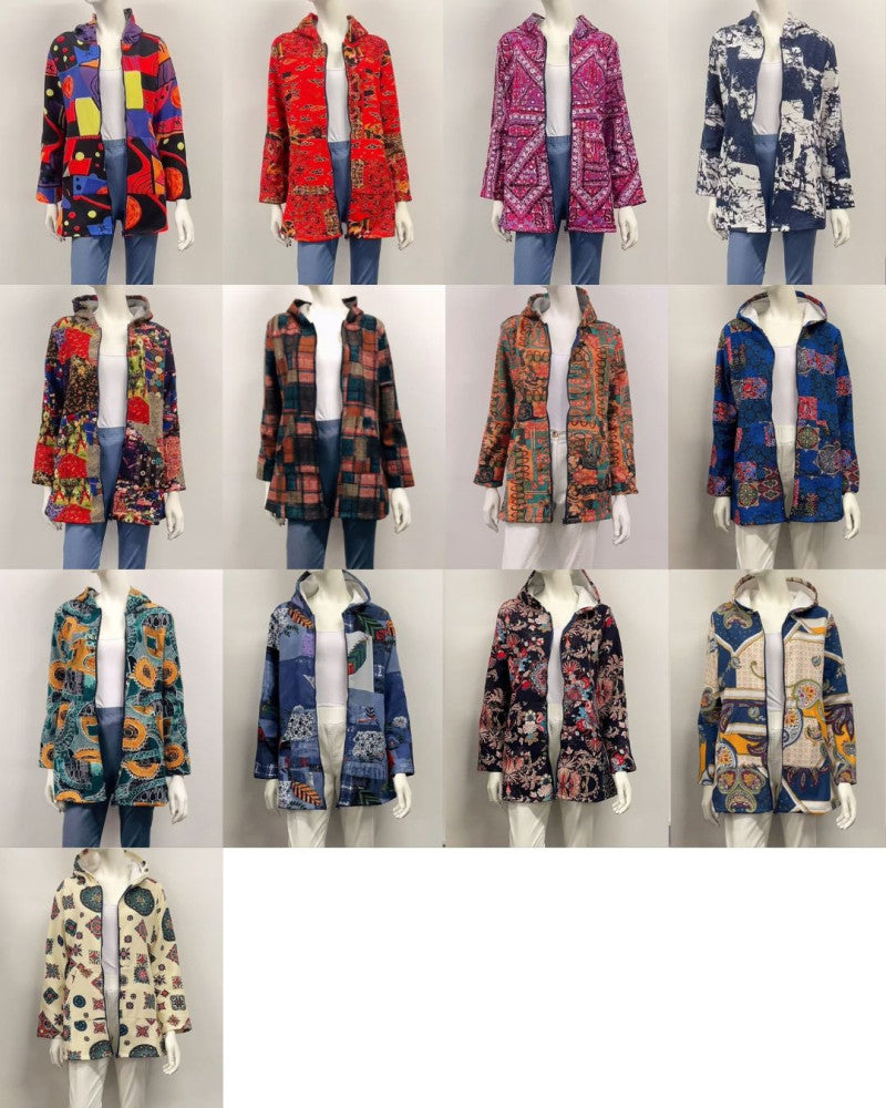 Abstract Printed Patch Fleece-Lined Cotton Coat