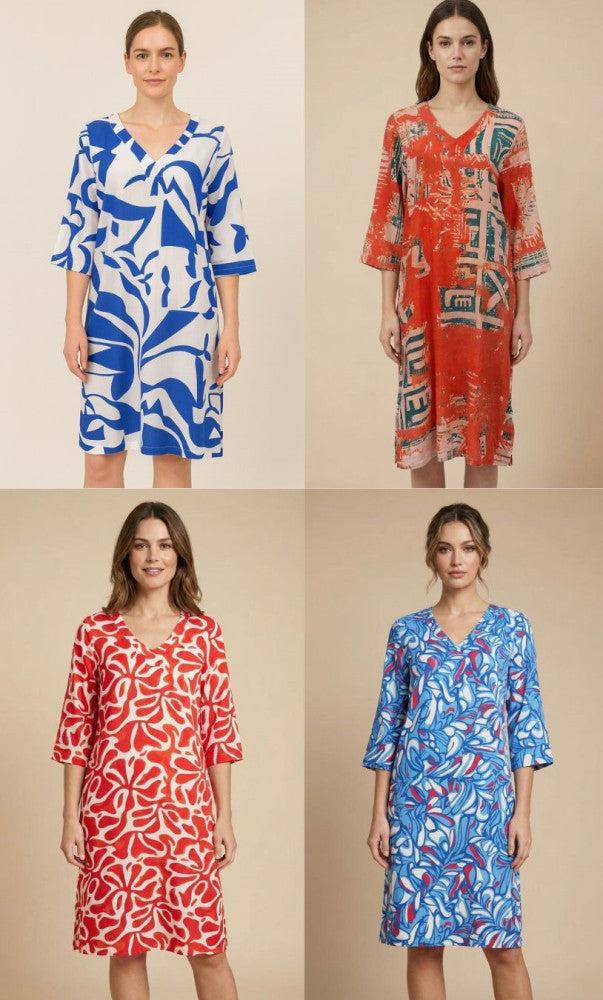 V-Neck Linen Printed Dress