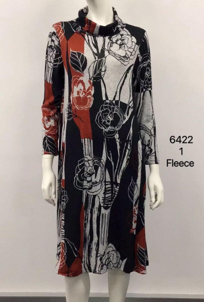 Long Sleeve Knee-Length Fleece Dress with Cowl Neck
