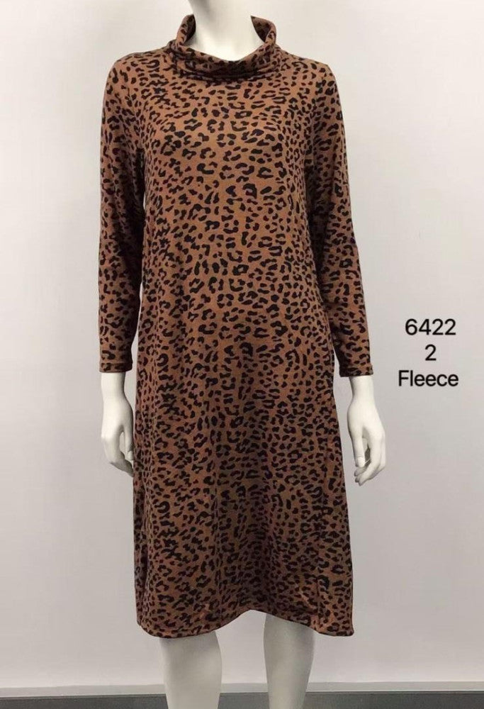 Long Sleeve Knee-Length Fleece Dress with Cowl Neck
