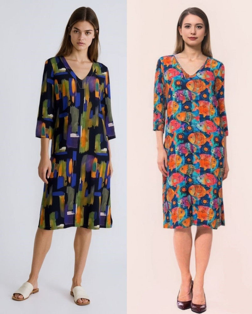 V-Neck Linen Printed Dress