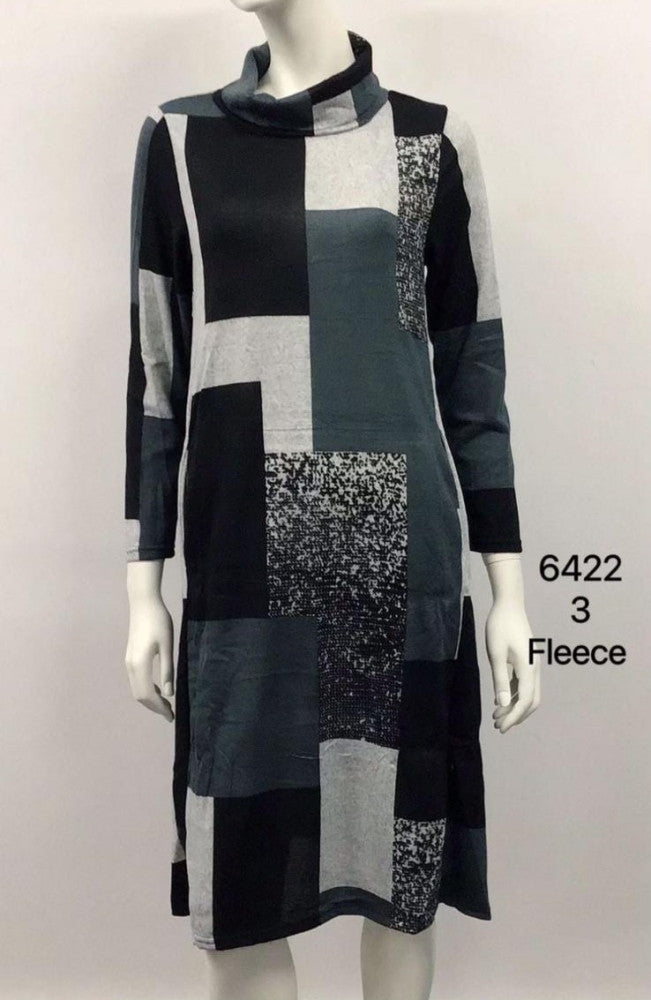 Long Sleeve Knee-Length Fleece Dress with Cowl Neck