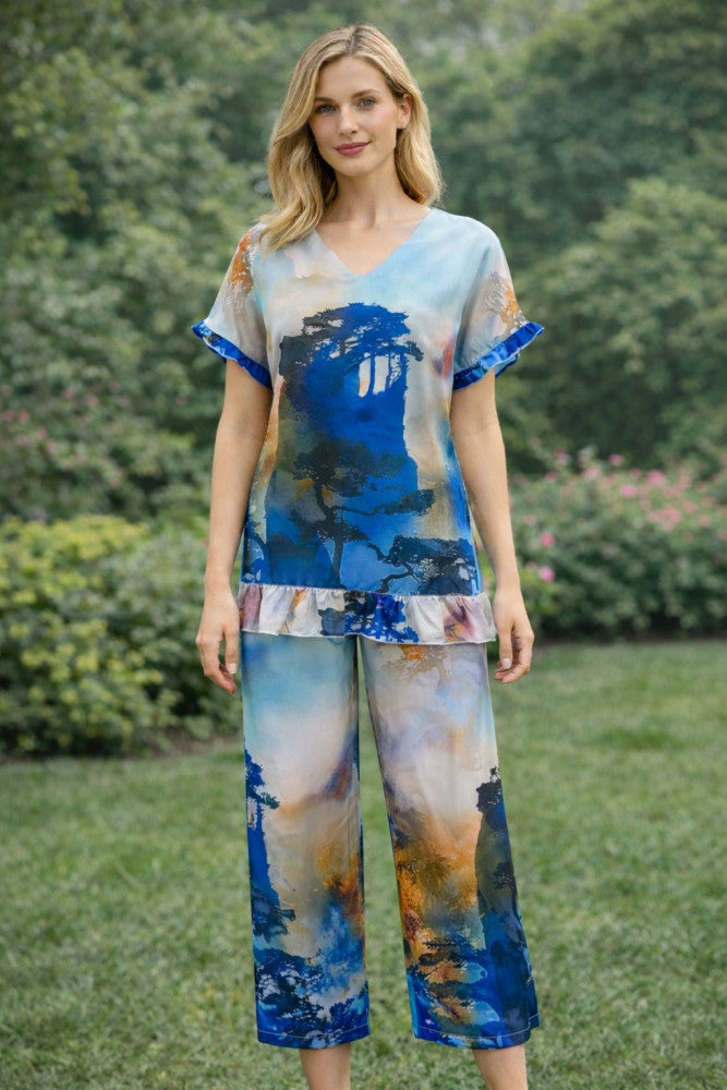 Rayon Ruffle Sleeve Print Top