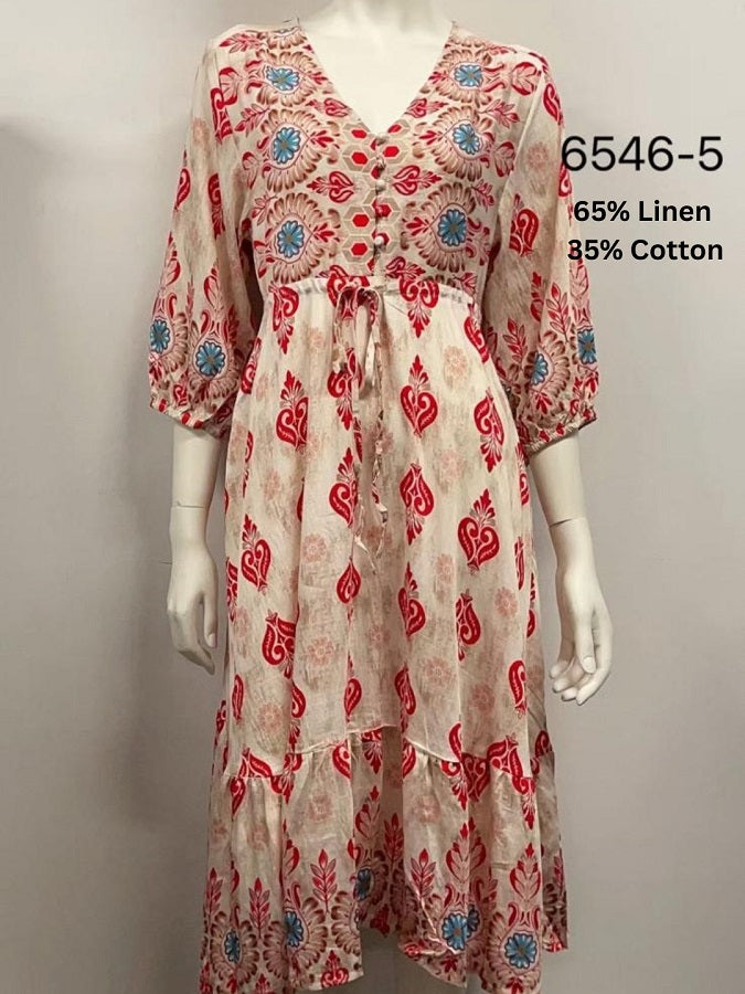 V-Neck Button Linen Midi Dress