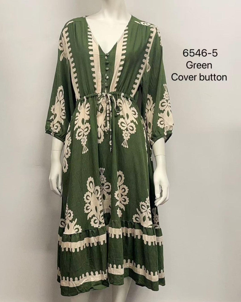 V-Neck Button Midi