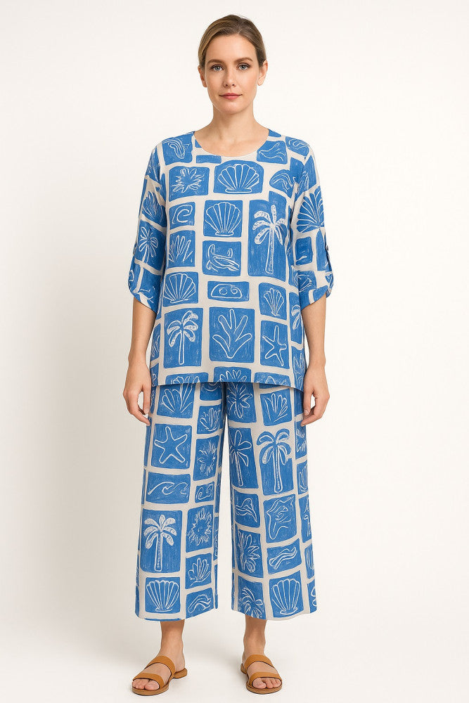 Printed 3/4 Relaxed-Sleeve Rayon Top