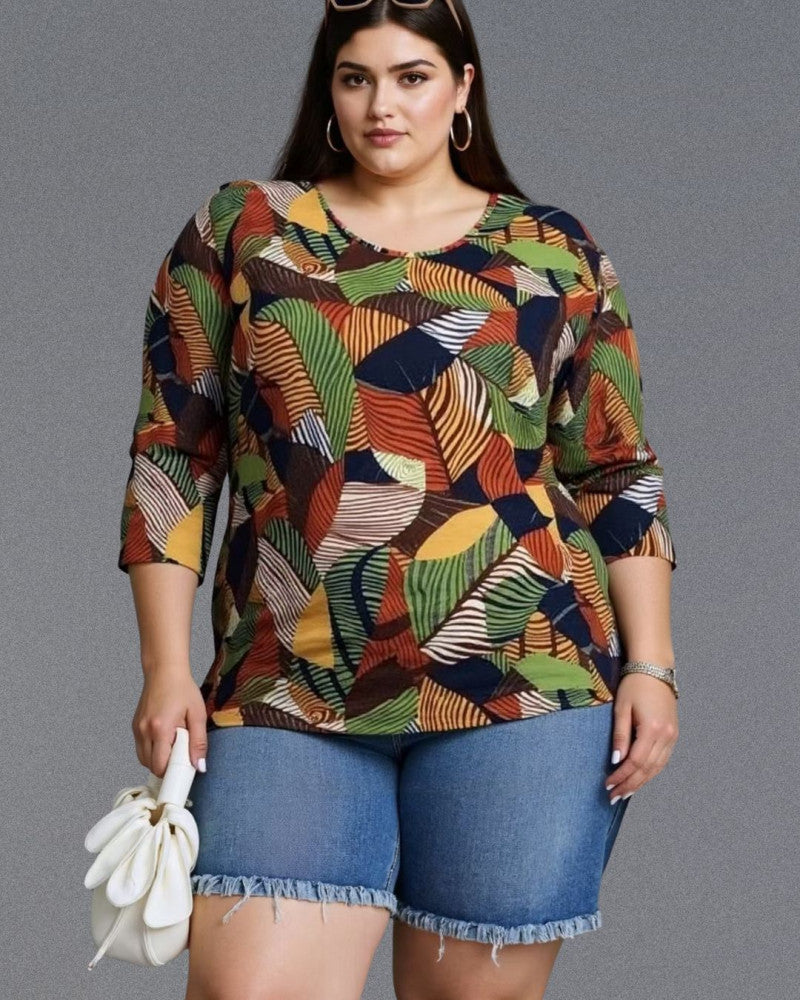 6384L Geometric Jersey Round Neck Top with 3/4 Sleeves