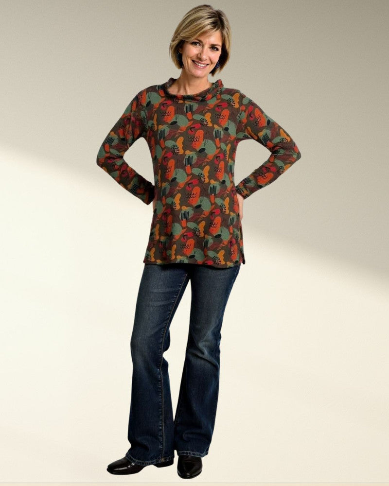 Abstract Print Cowl Neck Tunic