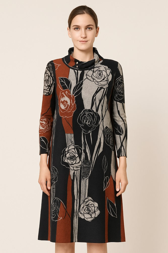 Long Sleeve Knee-Length Fleece Dress with Cowl Neck