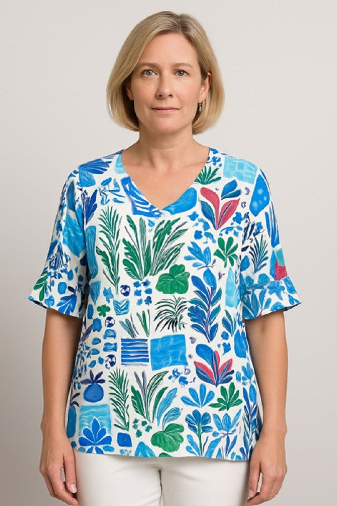 V-Neck Ruffle-Sleeve Rayon Top