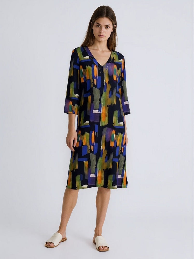 V-Neck Linen Printed Dress