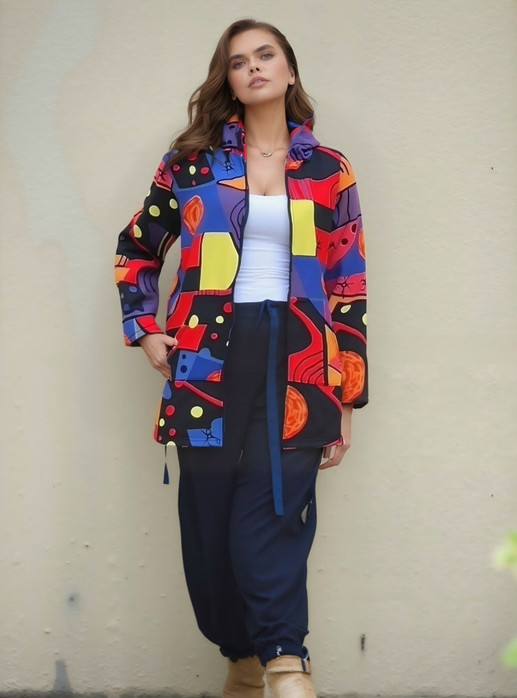 Abstract Printed Patch Fleece-Lined Cotton Coat