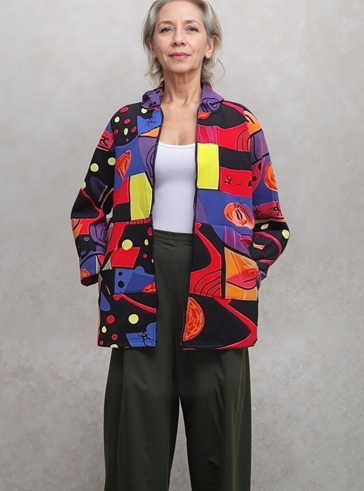 Abstract Printed Patch Fleece-Lined Cotton Coat