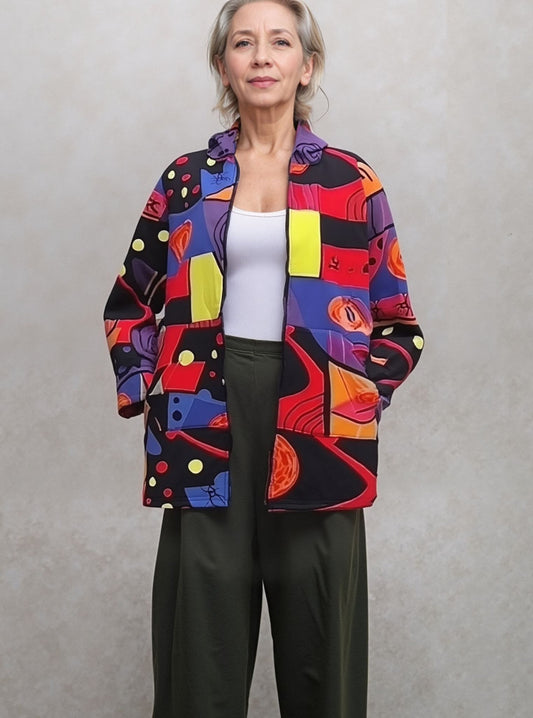 Abstract Printed Patch Fleece-Lined Cotton Coat