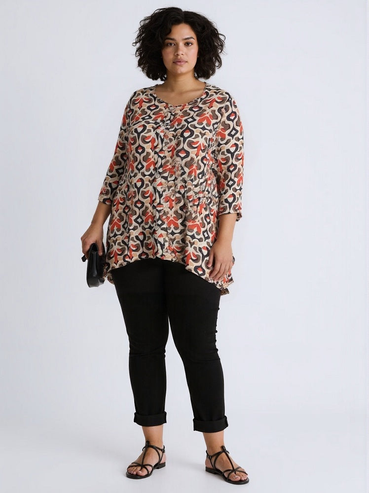 2/3 Sleeve Printed Button-Up Linen Top