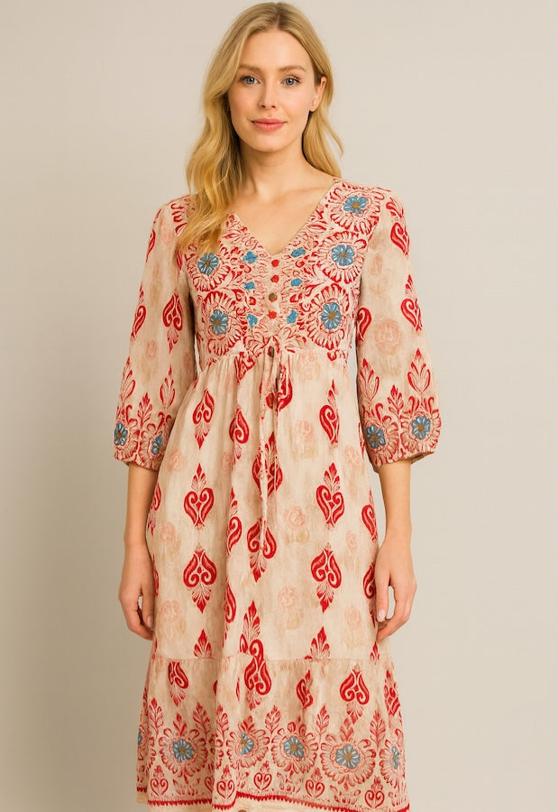 V-Neck Button Linen Midi Dress