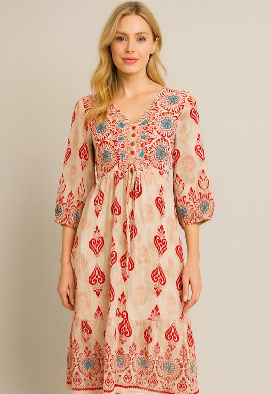 V-Neck Button Linen Midi Dress