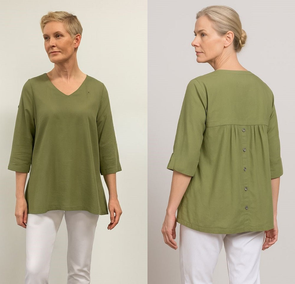 Back-Button Pleat 3/4 Sleeve Cotton Top