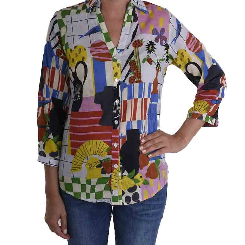 Palme V Neck+3/4 Sleeves Cotton Shirt - Blanc 65943