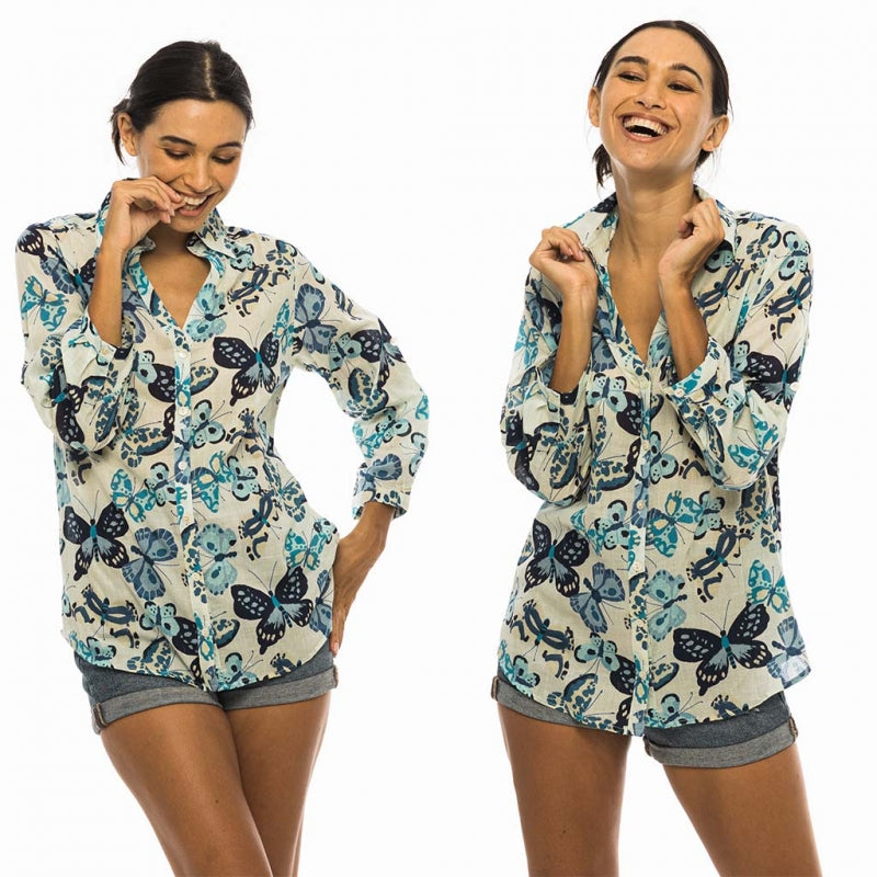 Palme V Neck+3/4 Sleeves Cotton Shirt - Bleu Clair 65943