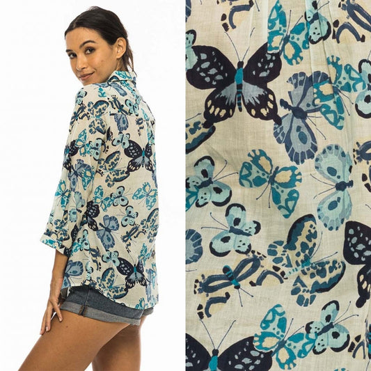 Palme V Neck+3/4 Sleeves Cotton Shirt - Bleu Clair 65943