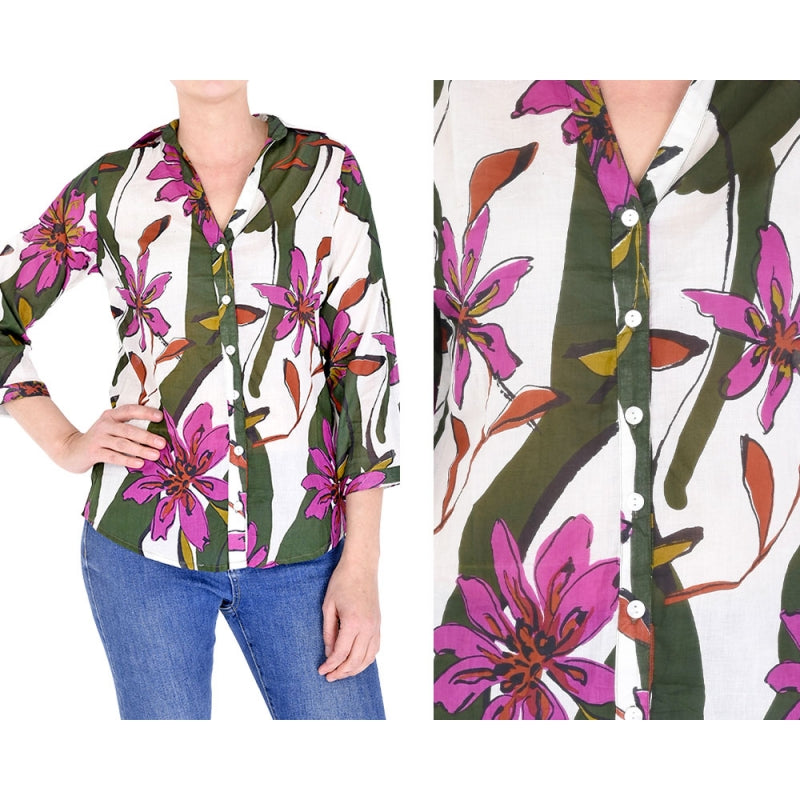 Palme V Neck+3/4 Sleeves Cotton Shirt - Vert Fonce 65943