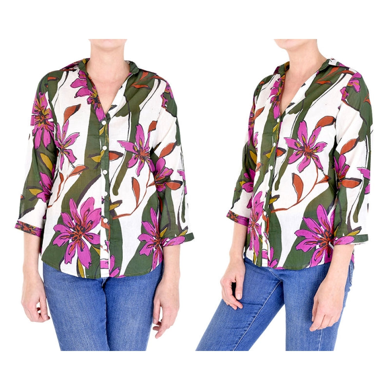 Palme V Neck+3/4 Sleeves Cotton Shirt - Vert Fonce 65943