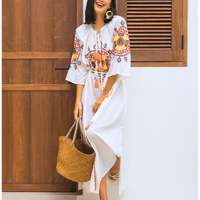 Palme Long Cotton Wrap Dress with Embroidery - Ecru 66011