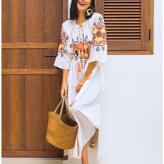 Palme Long Cotton Wrap Dress with Embroidery - Ecru 66011