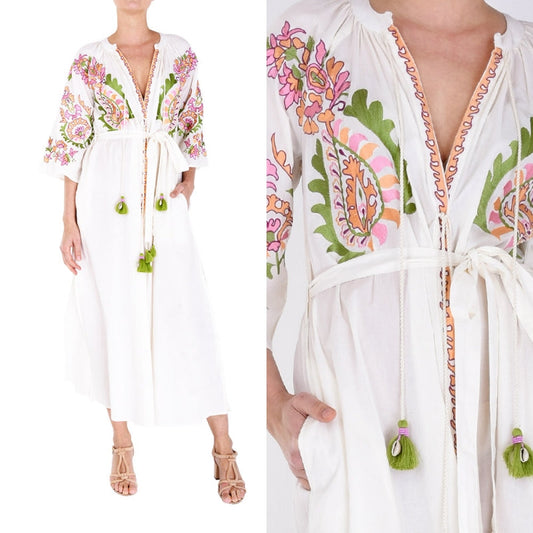 Palme Long Cotton Wrap Dress With Embroidery - Ecru 2 66011