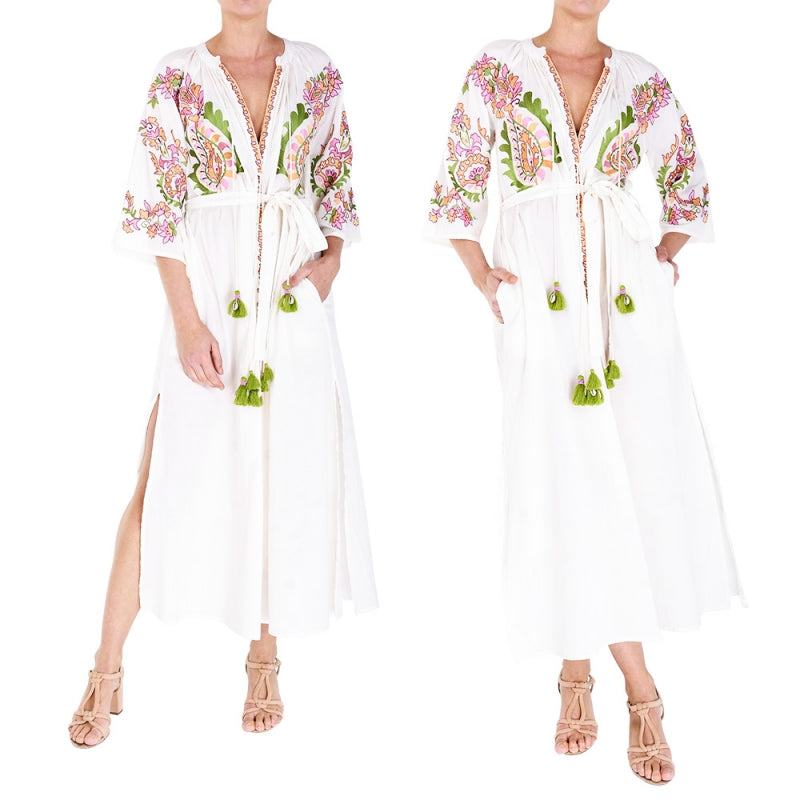 Palme Long Cotton Wrap Dress With Embroidery - Ecru 2 66011