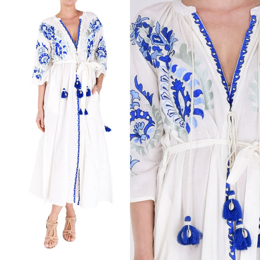 Palme Long Cotton Wrap Dress with Embroidery - Bleu Fonce 66011