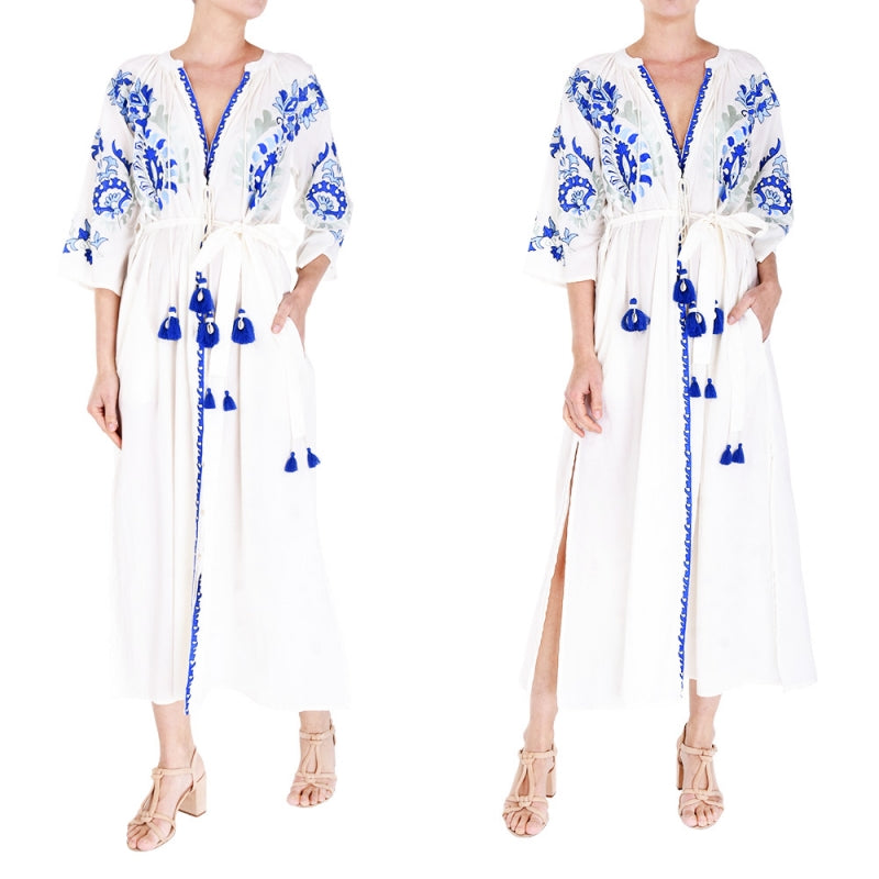 Palme Long Cotton Wrap Dress with Embroidery - Bleu Fonce 66011