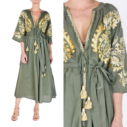 Palme Long Cotton Wrap Dress with Embroidery - Vert Fonce 66011