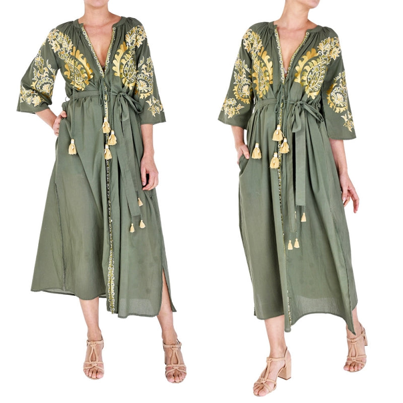 Palme Long Cotton Wrap Dress with Embroidery - Vert Fonce 66011