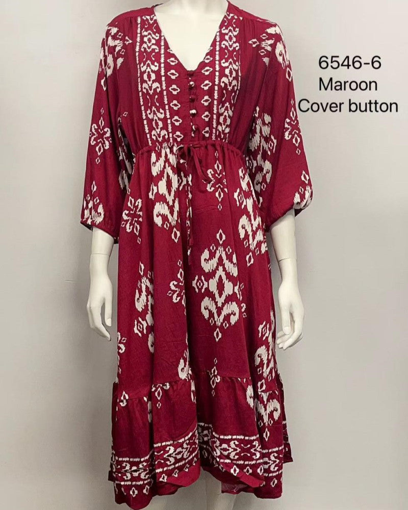 V-Neck Button Midi