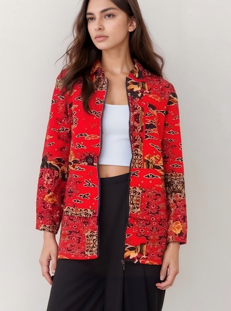 Abstract Printed Patch Fleece-Lined Cotton Coat
