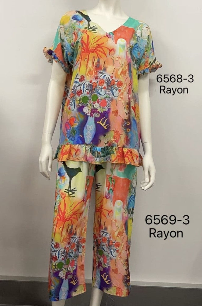 Rayon Ruffle Sleeve Print Top