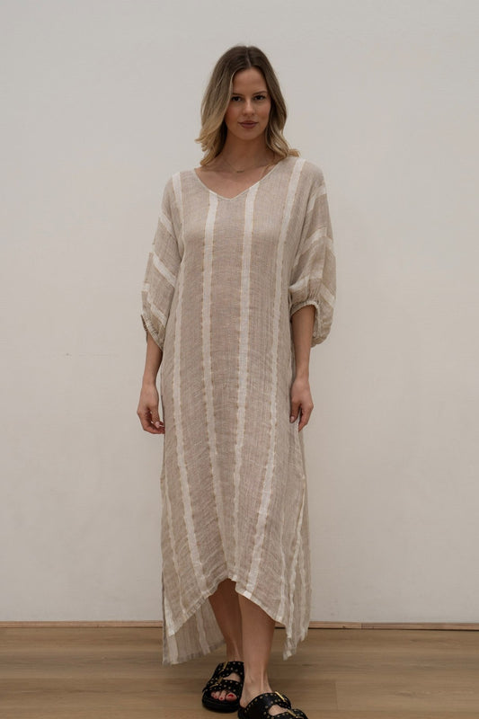 Rosa Elasticated Sleeves Kaftan Natural White W Gold Strand