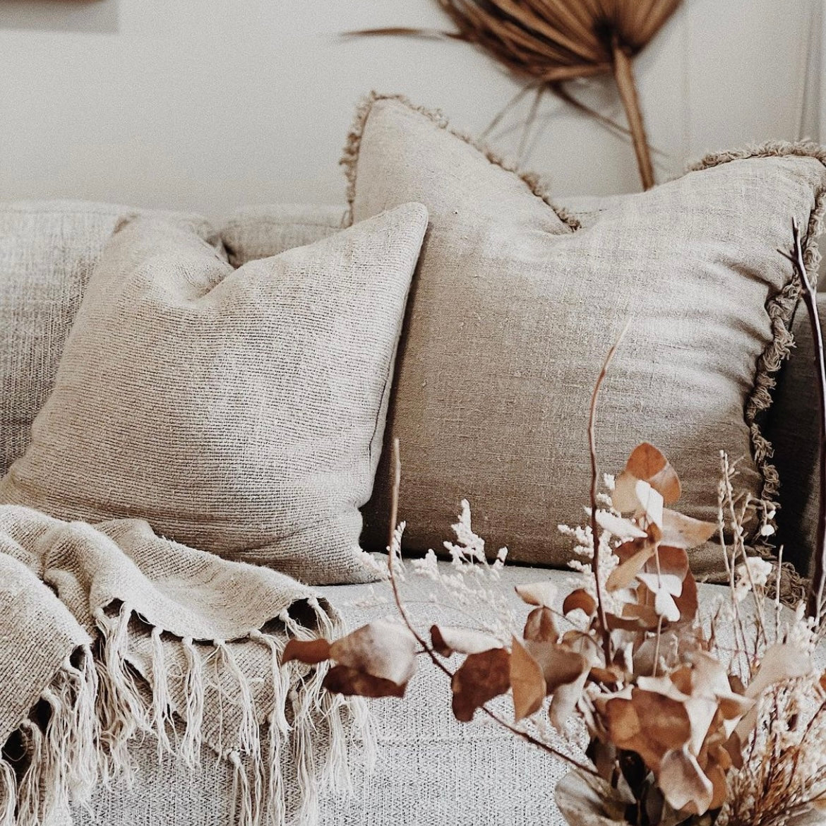 Cushion Cover Natural Handloomed/Rustic Linen With Fringe