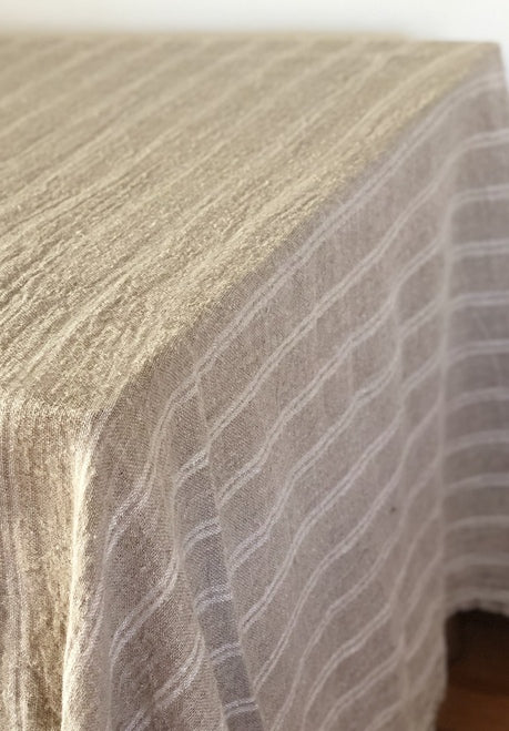 Table Cloth/Bed Throw Handloomed/Rustic Linen - White Stripes