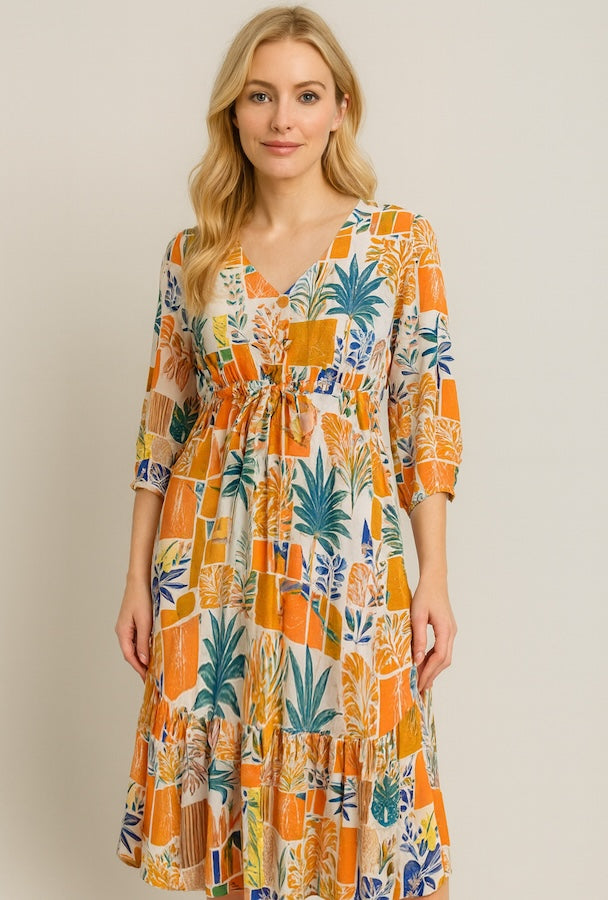 Printed Tie-Waist Washed Rayon Dress