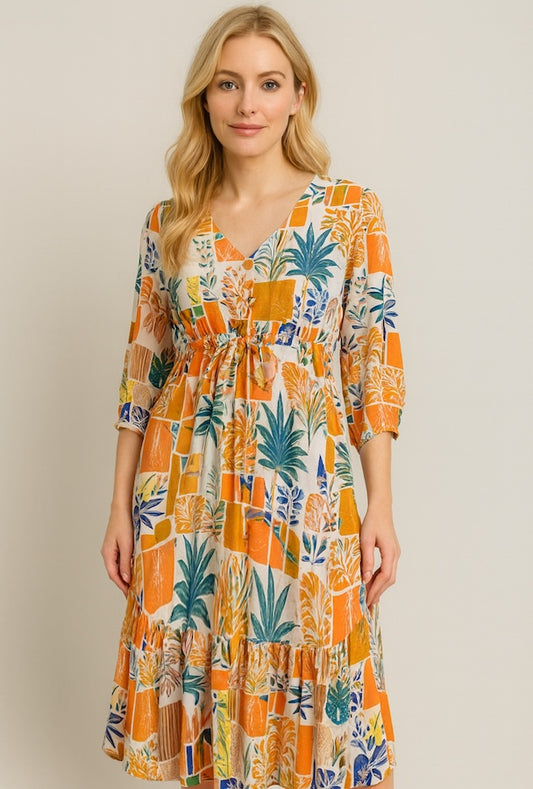 Printed Tie-Waist Washed Rayon Dress
