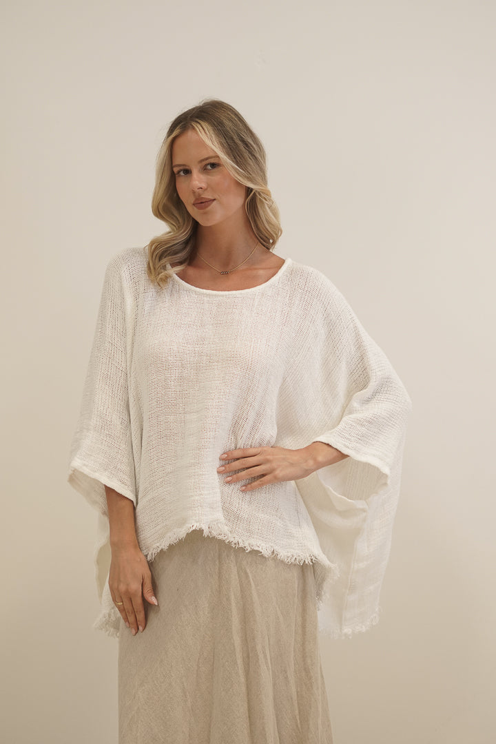 Alice Fringed Poncho Top White