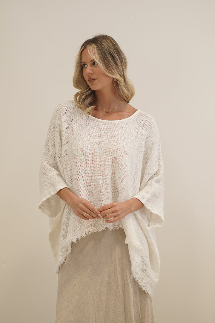 Alice Fringed Poncho Top White