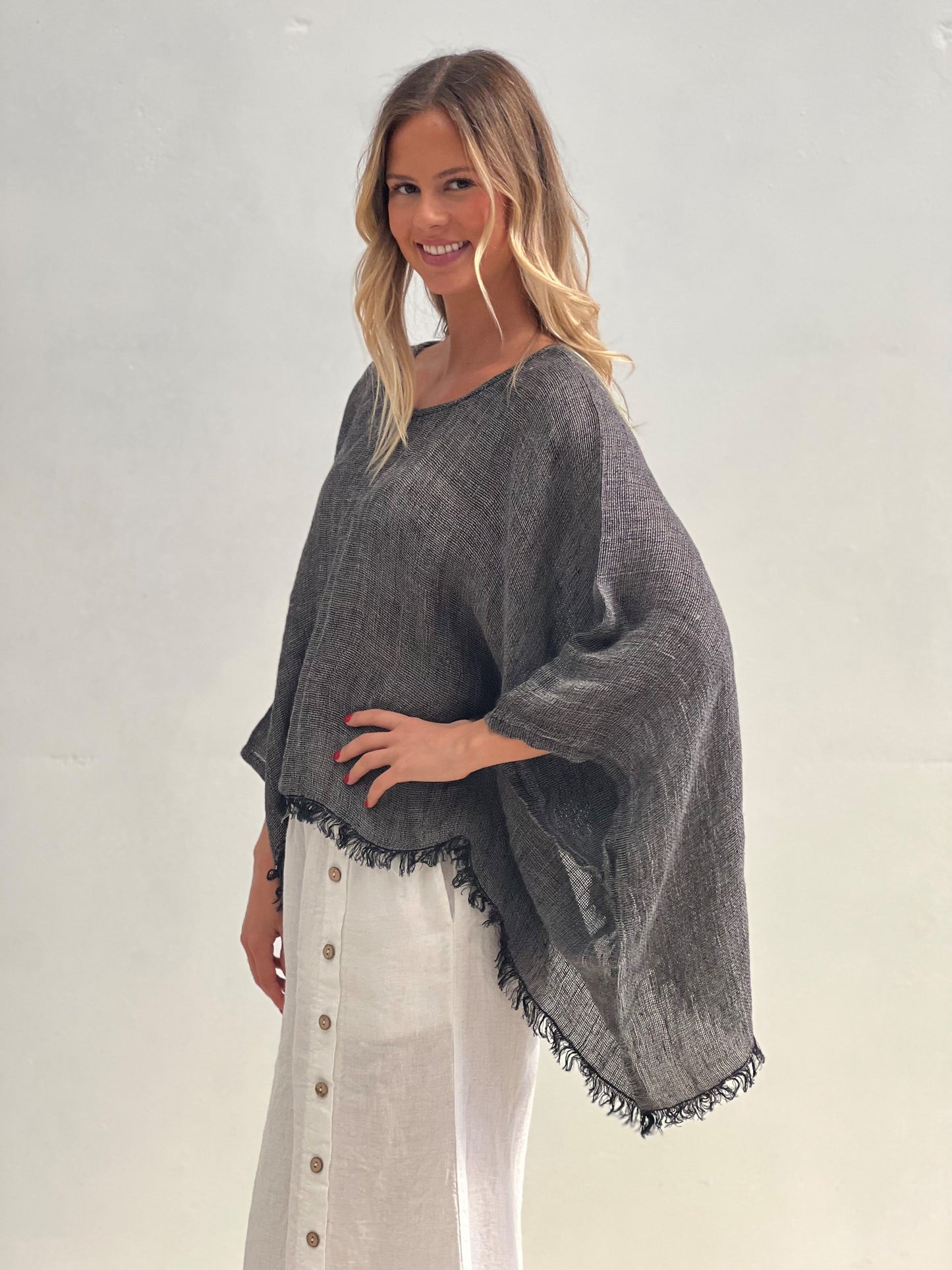 Alice Fringed Poncho Top - Black & White Wovens