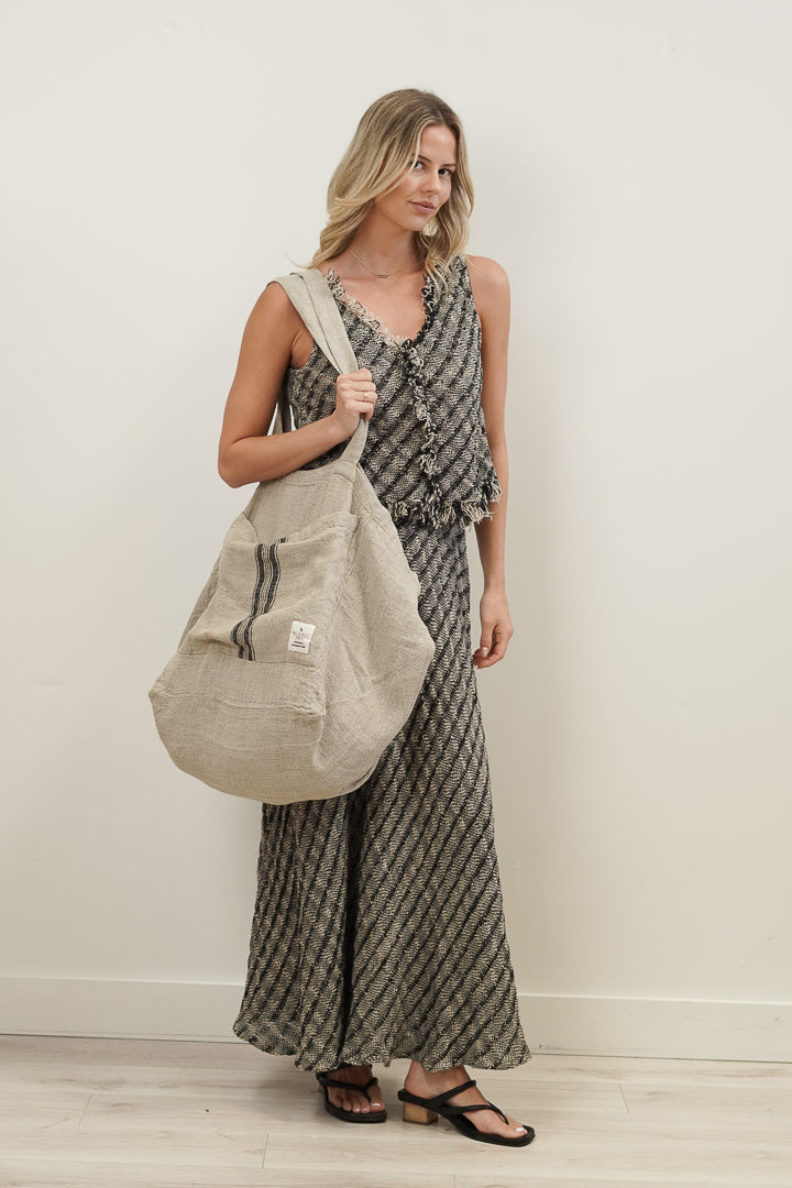 Puro Lino Tote Bag Charcoal Stripes