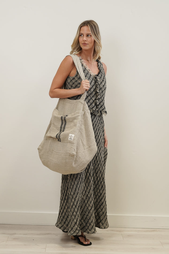 Puro Lino Tote Bag Charcoal Stripes