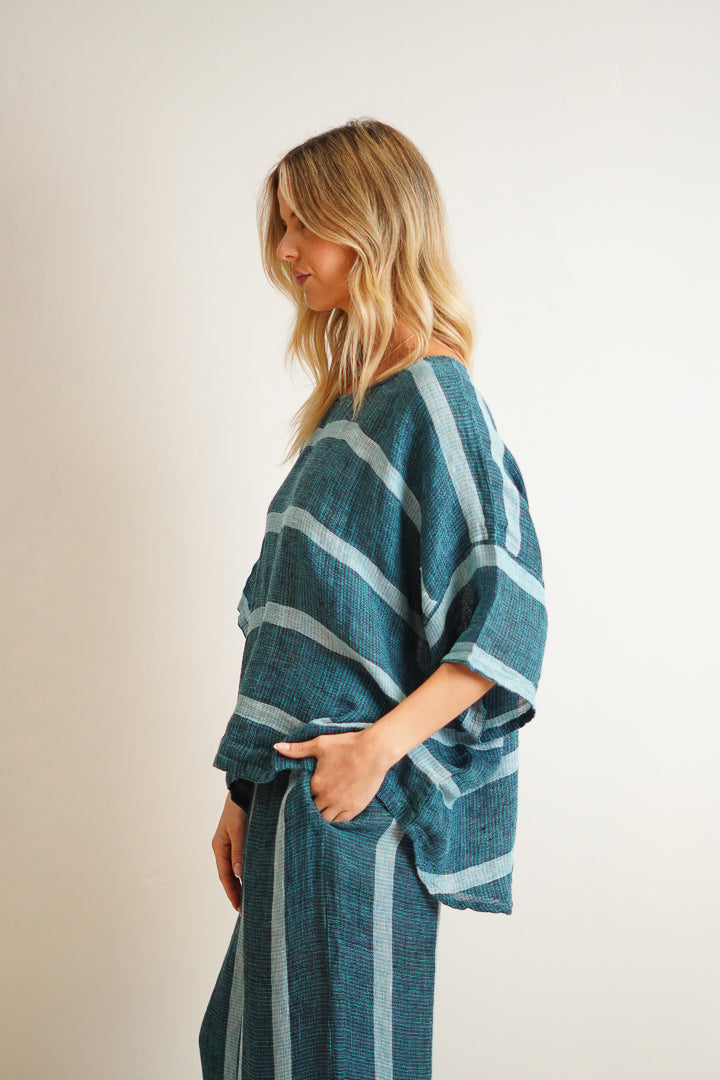 Barbara Top Gemstone Blue Stripe Woven